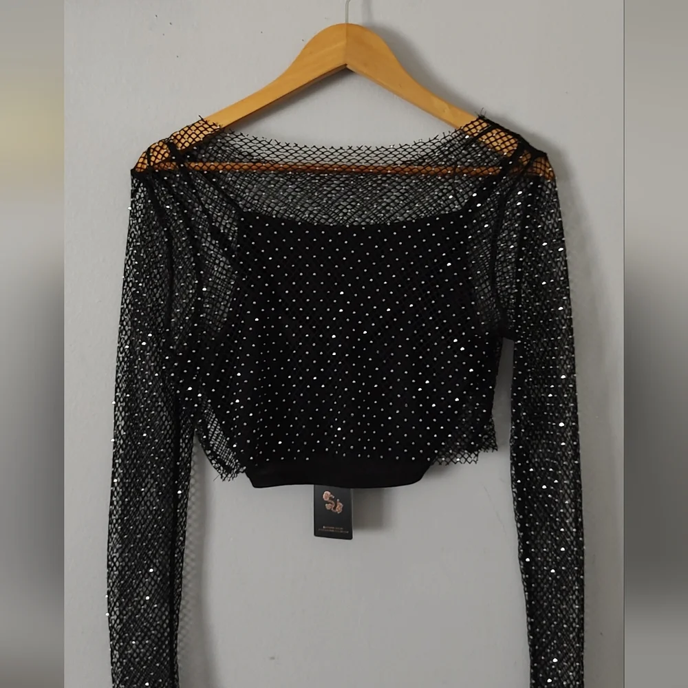 Sincerely Jules Crop top Mesh  Black Shiny Style Sexy  2 Piece New    Medium - Picture 10 of 10